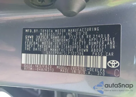 2020 Toyota Corolla Le z USA, uszkodzony, nr VIN 5YFEPRAE5LP102386